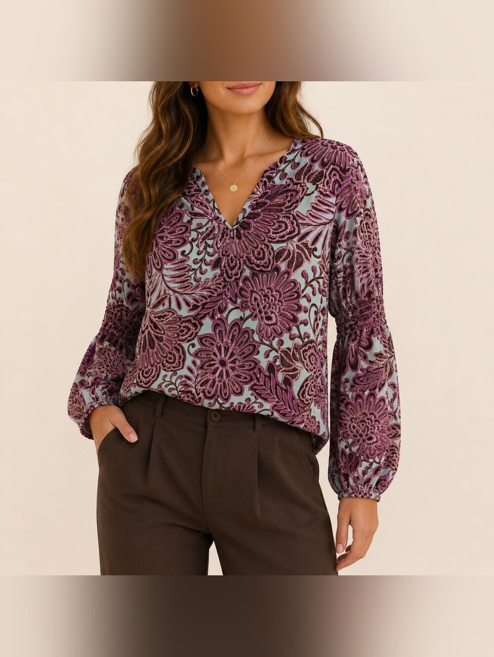 LOFT Floral Paisley V Neck Elastic Sleeve Blouse Purple Blue Women’s M